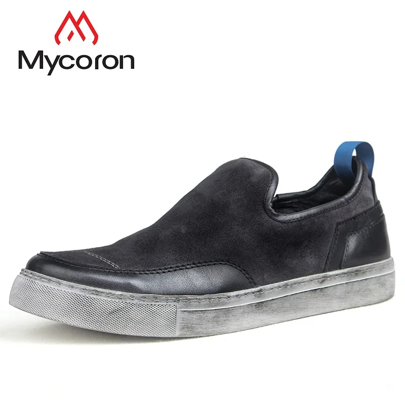 

MYCORON 2018 New Men Genuine Leather Casual Boots Handmade Slip On Top Brand Driving Shoes Breathable Sapatenis Masculino