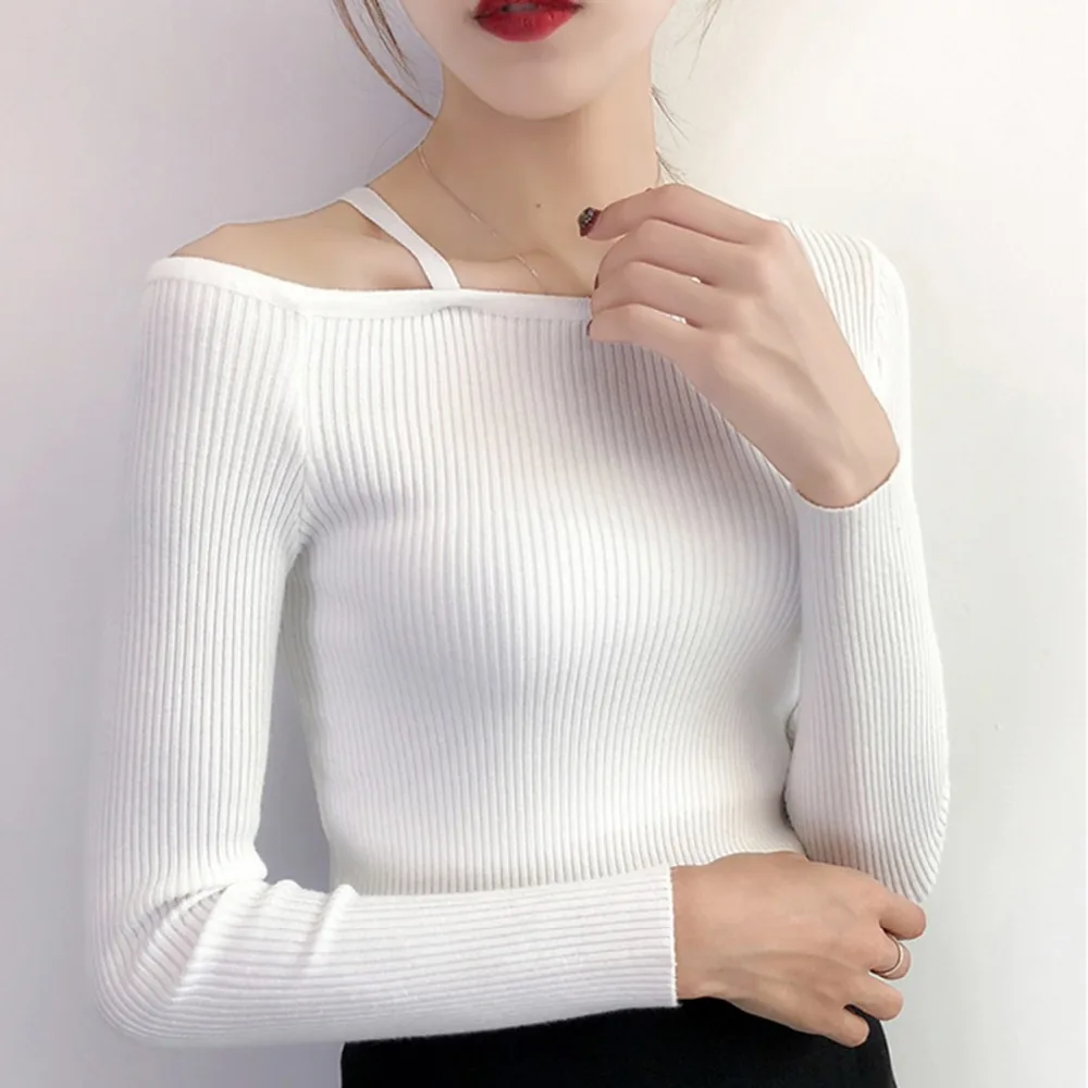 Fashion Sweater Women Sexy Slim Stretch Knitted Off Shoulder Tops 2018 Autumn Winter Long Sleeve Solid Color Female Clothes