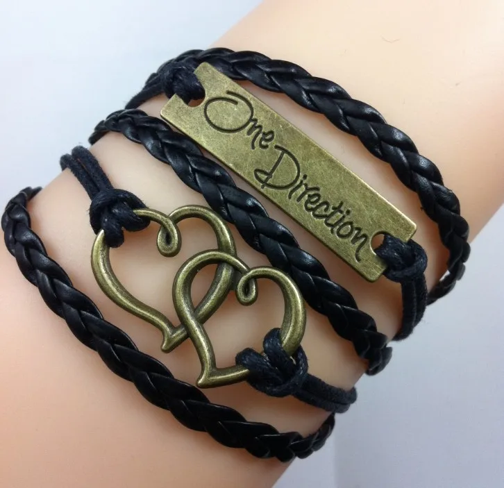 

Ajojewel Double Heart Braided Multilayer Infinity Leather Bracelet Black For Women and Men With One Direction Charm