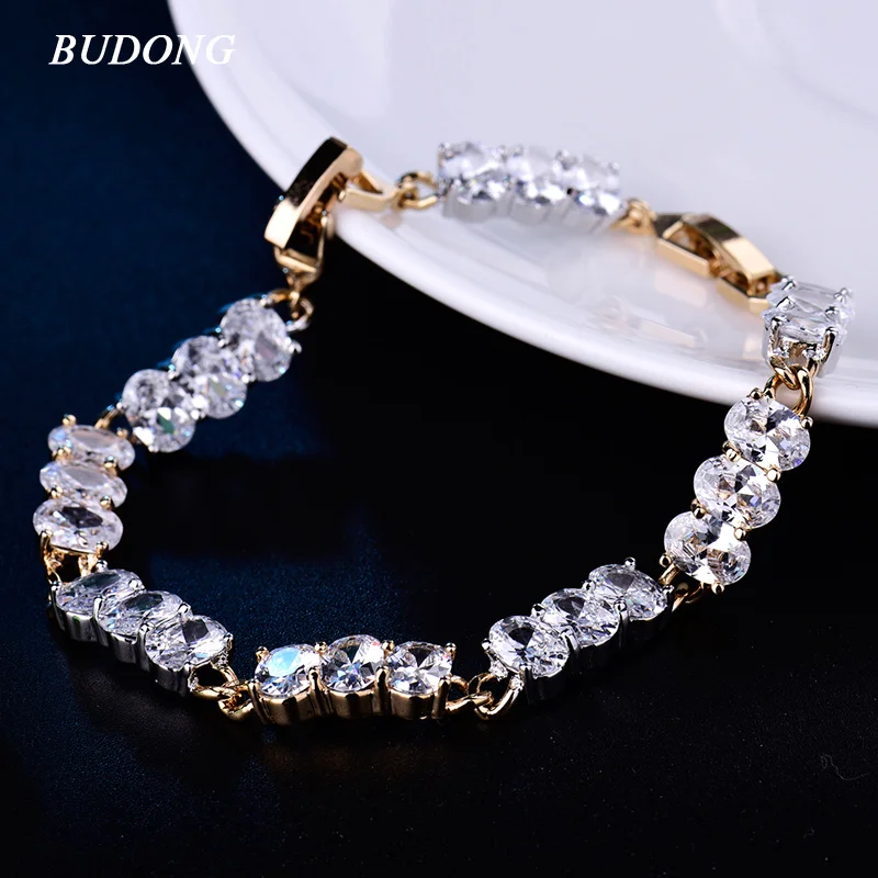 

BUDONG Bracelets for Women Luxury Oval Row Crystal CZ Zirconia Hand Chain Silver/Gold Color Bangle Wedding Jewelry XUL137