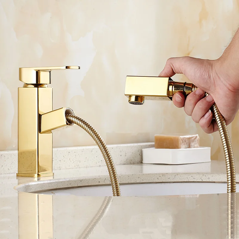 High Quality New Square shape brass pull out chrome/gold laundry faucet
