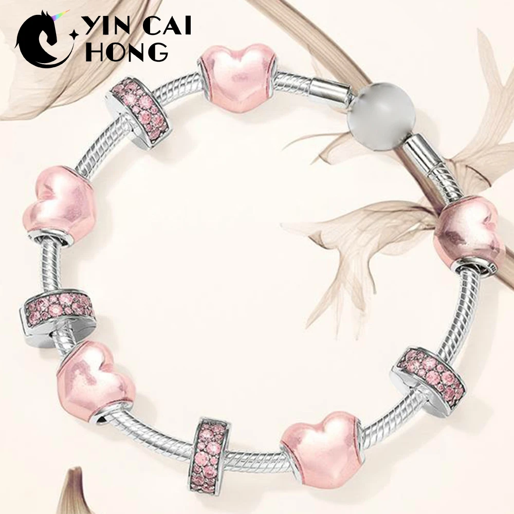 

YCH 100% 925 Sterling Silver 1:1 GLITTERING HEART CHARM MOMENTS SMOOTH CLASP BRACELET Romantic Love Valentine's Day Gift Set
