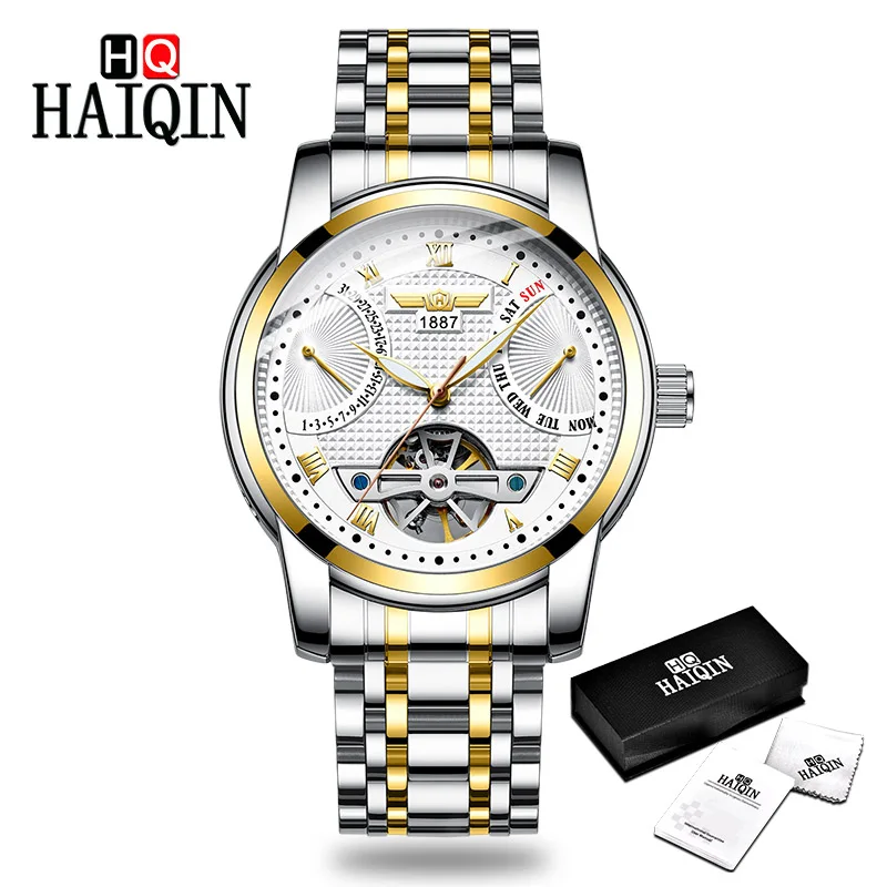 HAIQIN мужские часы для мужчин s часы лучший бренд класса люкс автоматические механические Спортивные часы для мужчин wirstwatch Tourbillon Reloj hombres - Цвет: Gold white