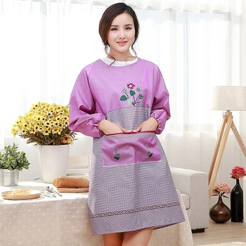 

Women Restaurant Home Kitchen Aprons Flower Printed Pocket Cooking Apron Long Sleeve Oil-proof Adult Bib Tablier Cuisine Adulte