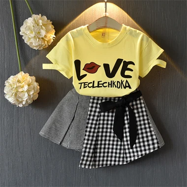 Новое летние комплекты для девочек рисунком детская одежда футболка короткая юбка Детская мода Летняя Одежда для девочек комплект - Цвет: Y6113