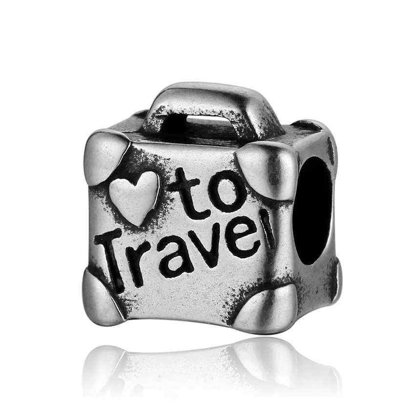 

2Pcs Lot Stainless Steel Bag bead with love to travel Spacer Beads DIY Big Hole Bead for Jewelry Making Fit For Pandora Bracelet