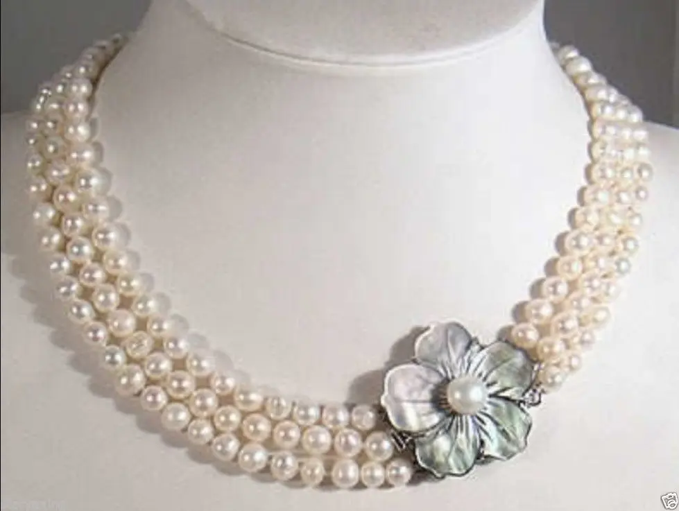 

3 Rows 7-8mm White Akoya Pearl Necklace Shell Clasp