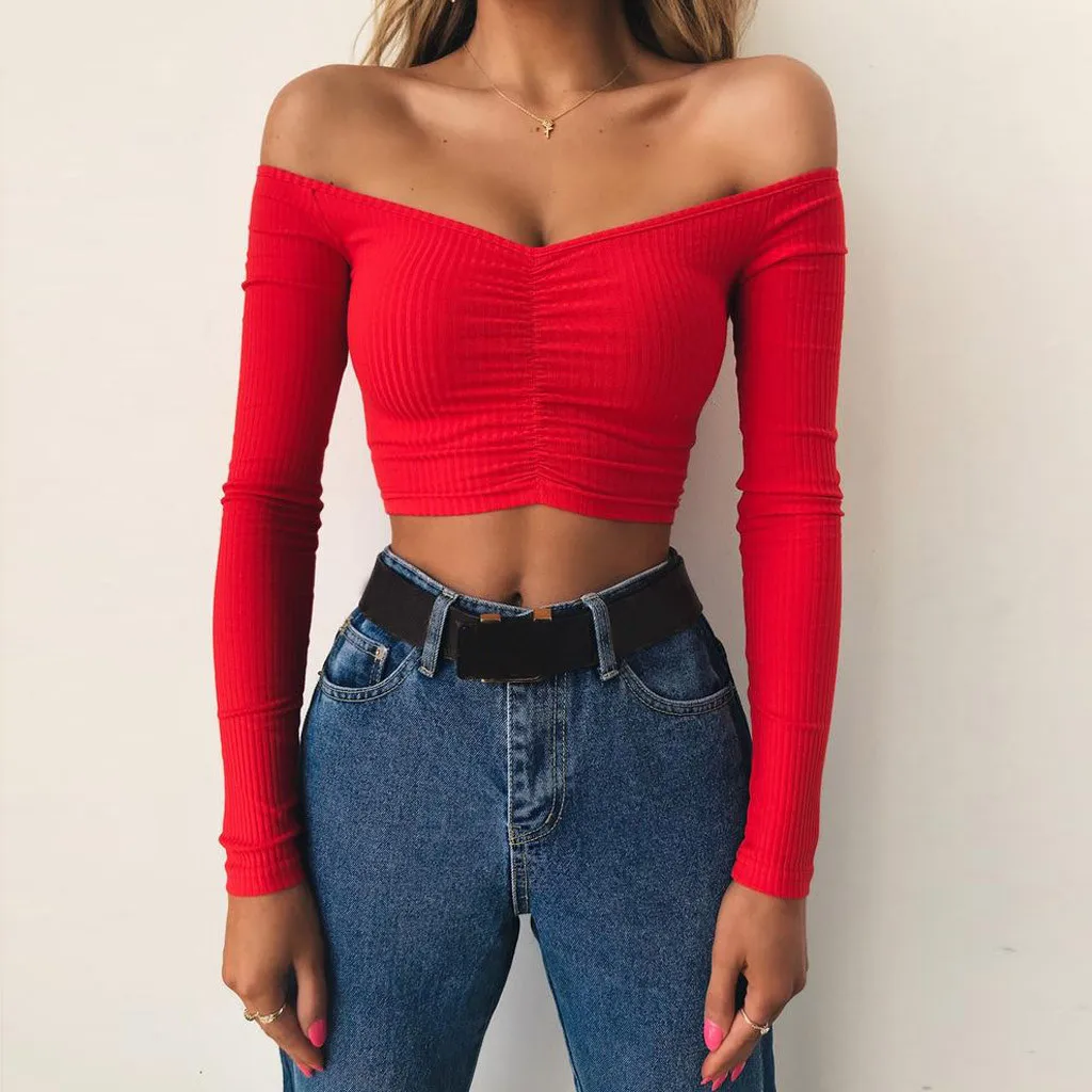 

Feitong 2019 Fashion Womens Casual Off Shoulder Long Sleeve Short Strapless Tee One-shoulder long-sleeved short top New arrival