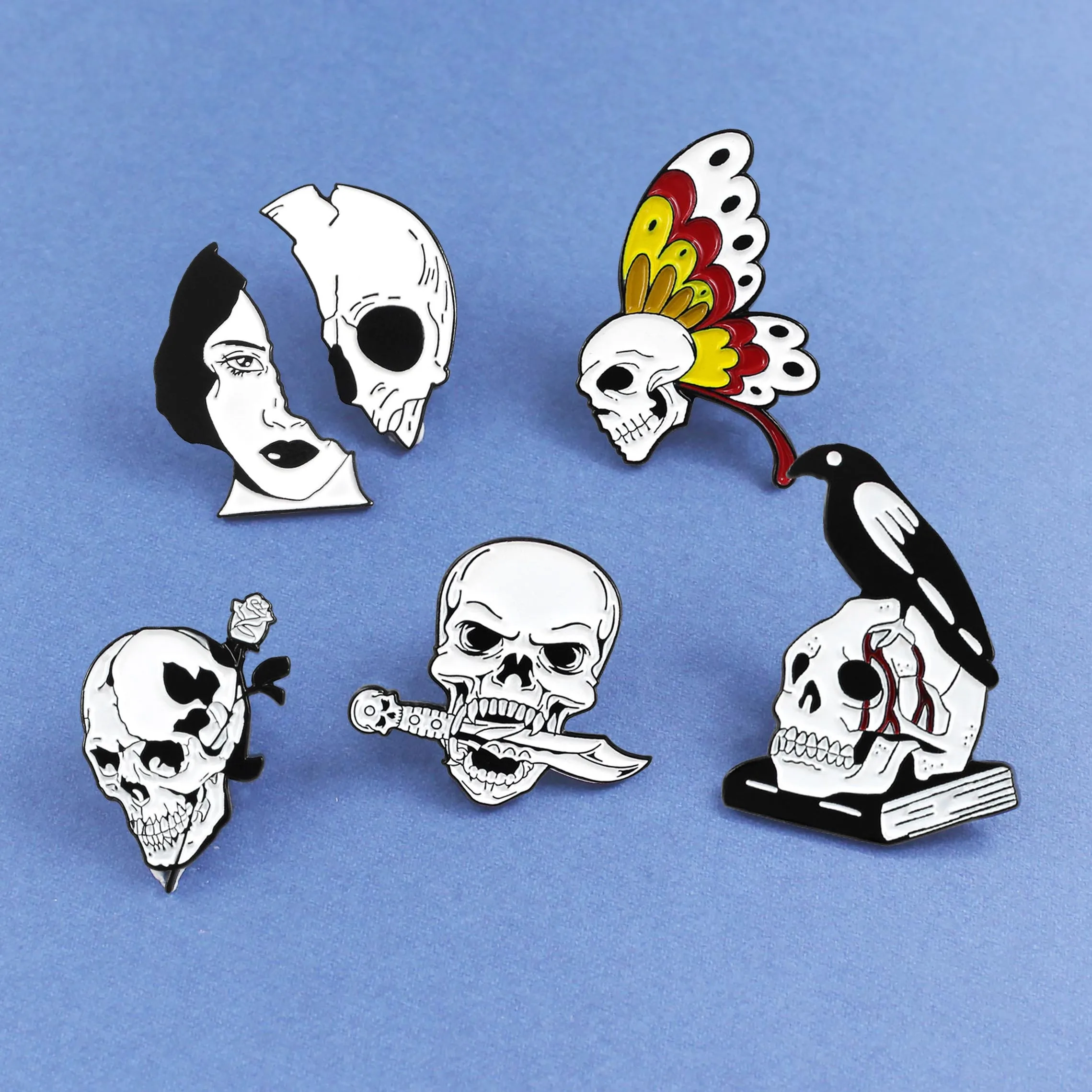 

Black White Skull skeleton brooch Butterfly.Rose.Knife.Crow Book Skull Love and Death Pins Skull Lapel pin Badges Skull Jewelry