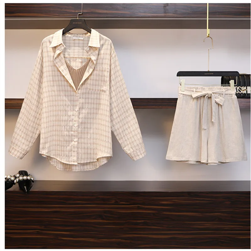 M-4XL, весна-осень, женские клетчатые рубашки с длинными рукавами+ жилет+ шорты, комплект из 3 предметов, женские повседневные Костюмы большого размера A1111