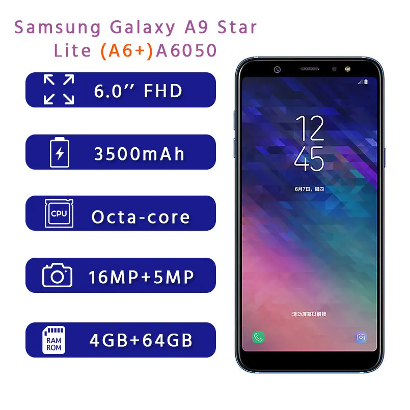 Samsung Galaxy A6050 A6+ мобильный телефон 6,0 дюймов FHD 4 Гб+ 64 Гб Восьмиядерный 16,0 Мп+ 5,0 МП 24,0 МП фронтальная камера Android 4G LTE смартфон