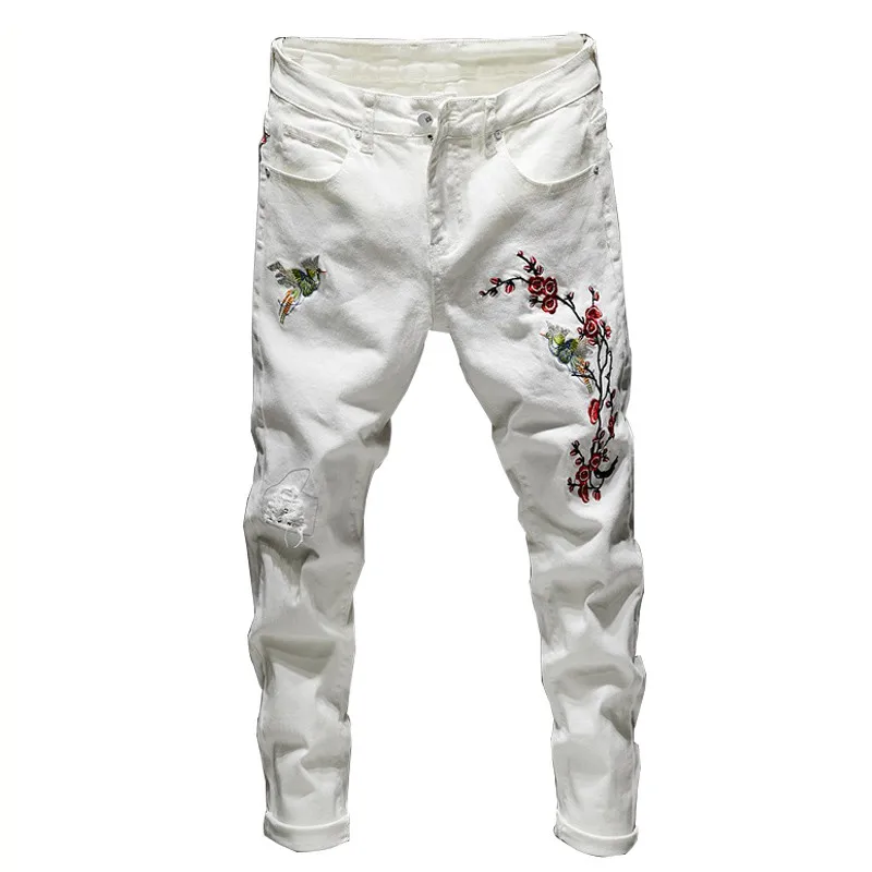 Newsosoo Men Ripped Embroidered Jeans Pants Fashion Distressed Denim