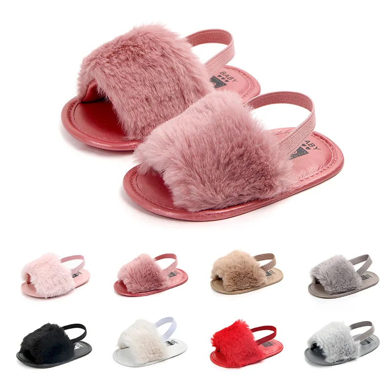 New Summer Soft Hair Style Classic Baby Girl Slipper Sandals Breathable Baby Fur Shoes Simple Elastic Sandals Princess Baby