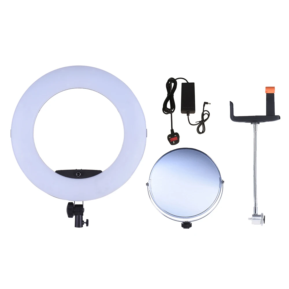 

Andoer Dimmable Bi-color Macro LED Video Ring Light Lamp w/ LCD Display Make-up Mirror Smartphone Holder for Canon Nikon Camera
