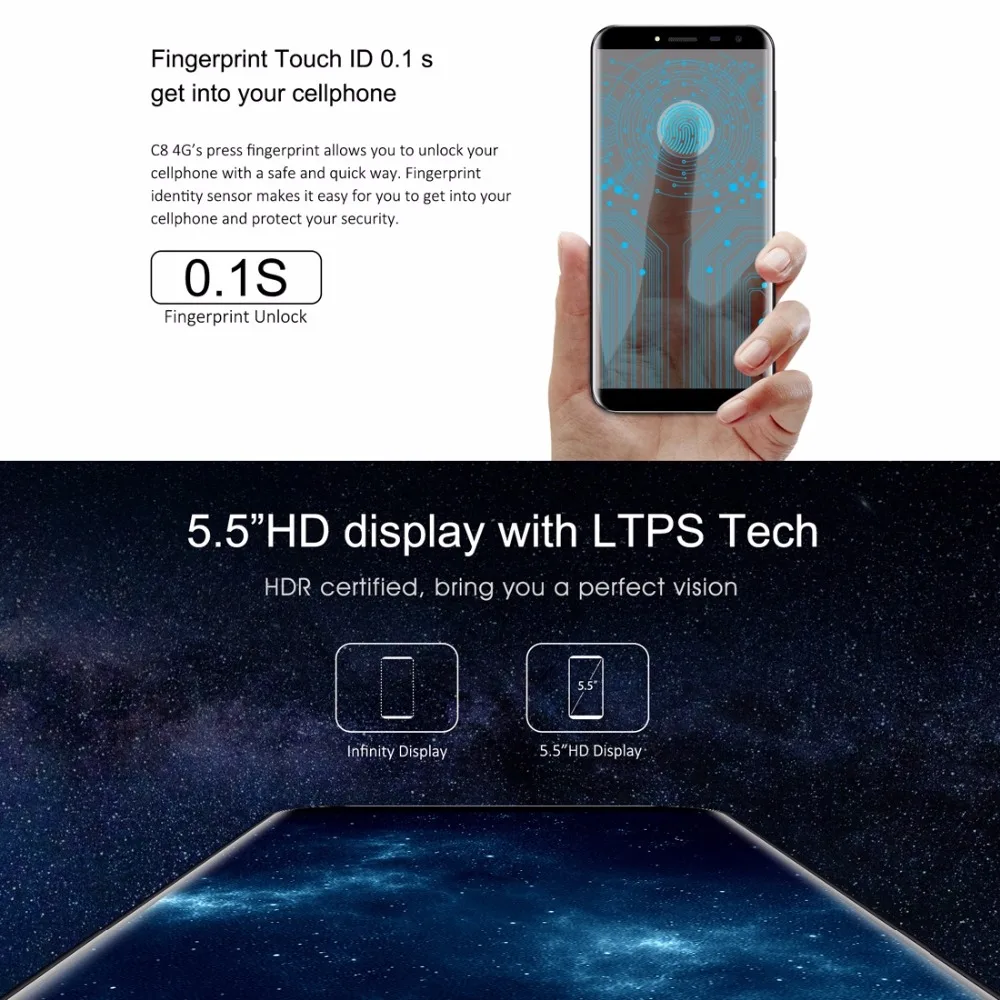 Oukitel C8 4G LTE 5.5'' 18:9 Display Smartphone Android 7.0 3000mAh 2GB RAM 16GB MTK6737 Quad Core Fingerprint 13MP Cellphone