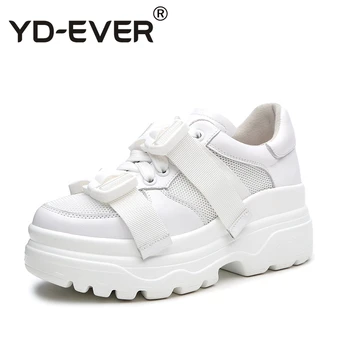 

YD-EVER genuine leather Women casual shoes platform wedge sneakers breathable spring autumn Thick bottom travel shoes