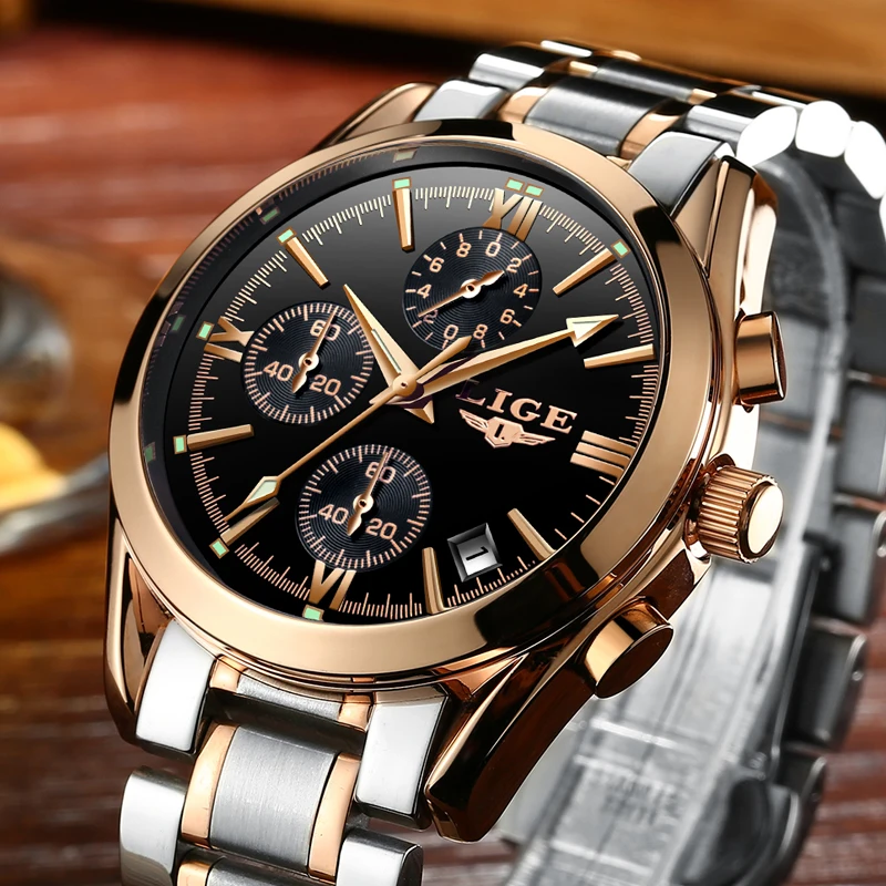 Relogio Masculion LIGE Men Top Luxury Brand Military Sport Watch Men's Quartz Clock Male Full Steel Casual Business Gold Watch