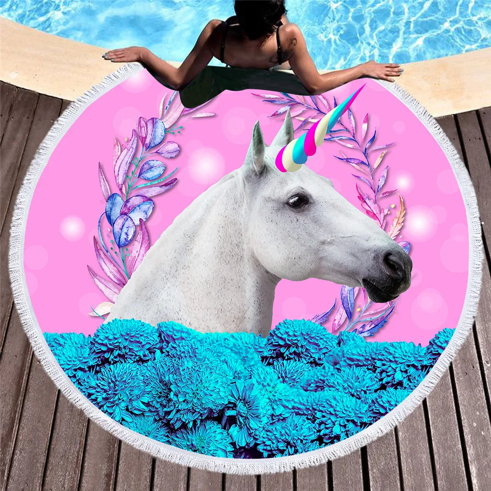 

Unicorn Round Beach Towel for Kids Microfiber Summer Pink Towel Horse Cartoon 150cm Floral 3d Printed Blanket Mat