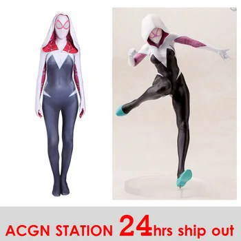 

Women Spider-Gwen Cosplay Costumes Spandex White Black Hoodies with Headgear Costumes Suitable for Halloween 24 Hrs Shipped Out