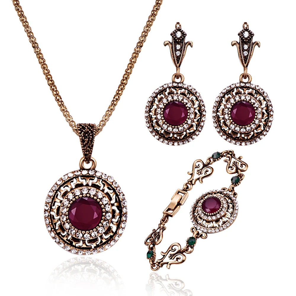 

Turkish Crystal Wedding Jewelry Sets For Women Antique Gold Big Round Red/Green Resin Stone Pendant Necklace Earrings Ring Set