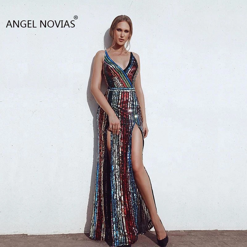 

Angel Novias Long Summer Sexy Elegant V Neck Colorful Lace Abendkleider Evening Dress 2019 with Slit Vestidos De Noche