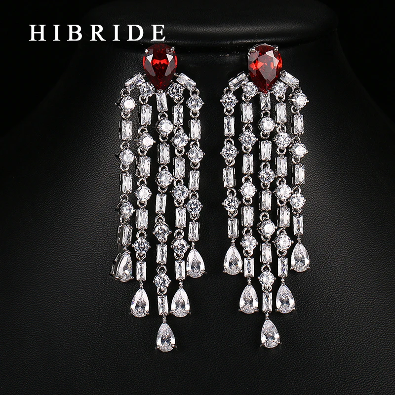 HIBRIDE Fashion Red Green Blue White Zircon Tassel Earring Rhodium Plated Women Earrings For Gifts E-56 - Image 2
