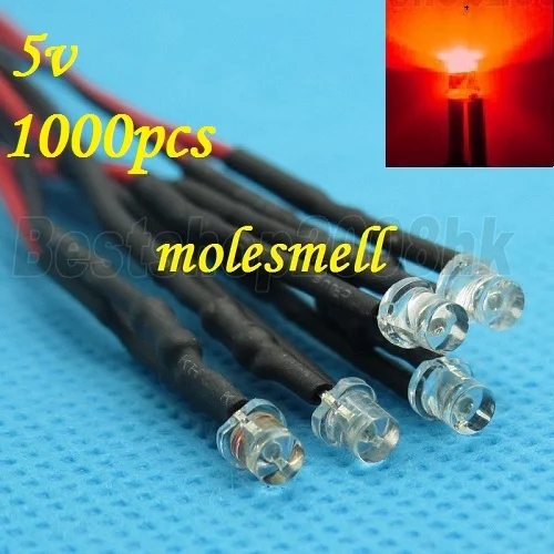 Free shipping 1000pcs 3mm 5v Flat Top Red LED Lamp Light Set Pre Wired 3mm 5V DC Wired 3mm big
