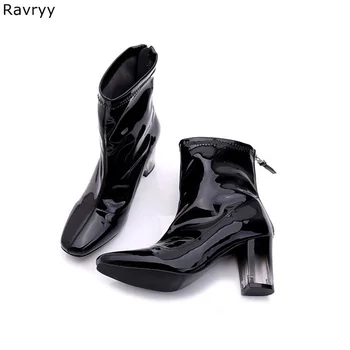 

Black Patent Leather Woman Ankle Boots Hot Fashion Autumn Short Boot Transparent Square Heel Concise Style Female Party Shoes