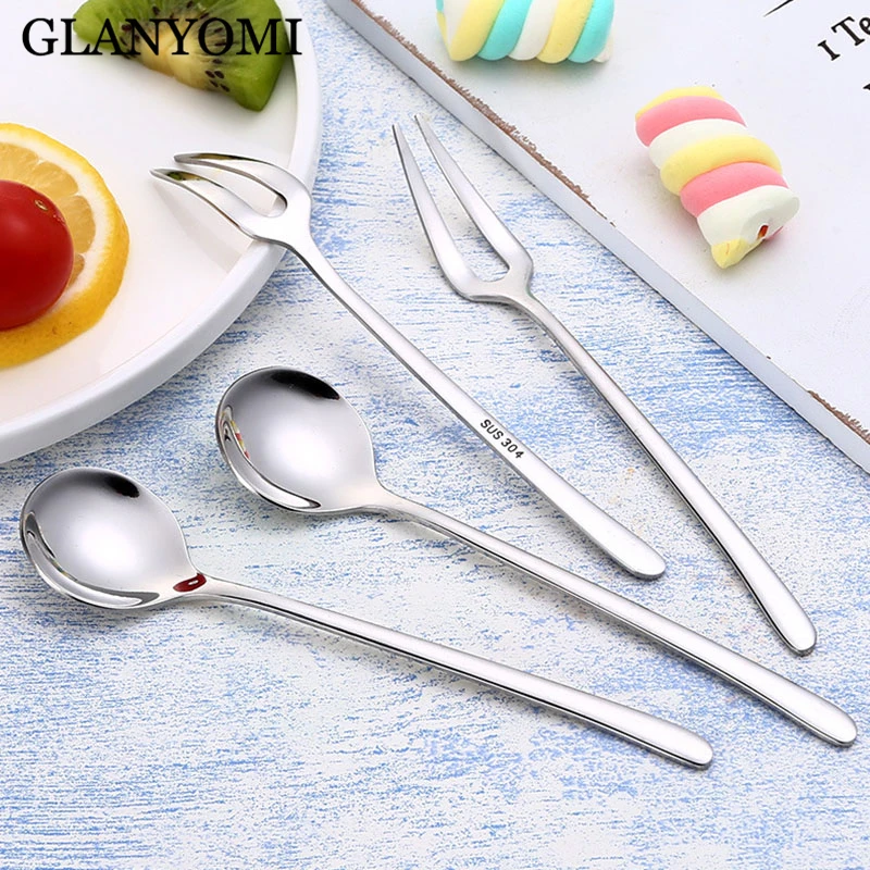 

304 Stainless Steel Fruit Fork Coffee Spoon Two Tooth Dessert Cake Fork Coffee Dessert Spoon Kitchen Cutlery Tableware