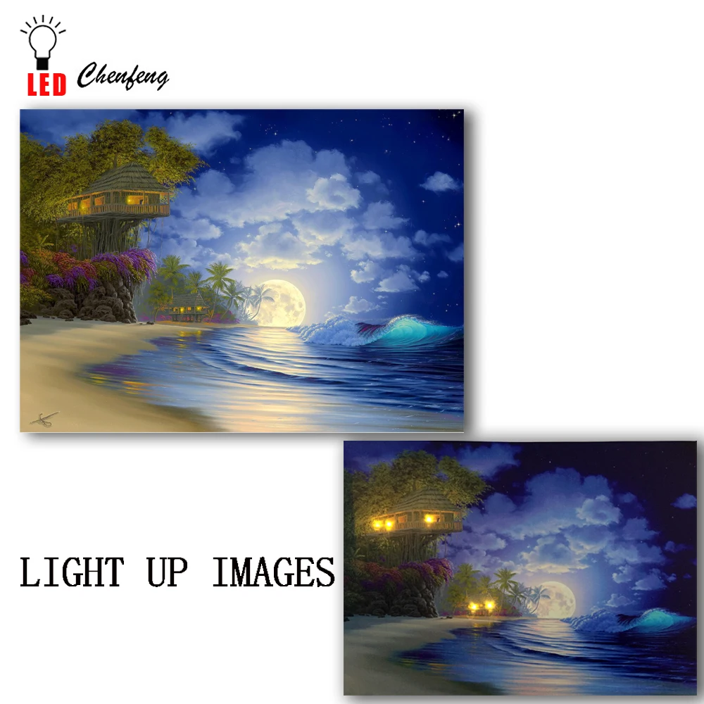 

Lighted led canvas print Beautiful Tree House Fantasy Fairy beach seascape painting wall picture canvas wall art decor gift