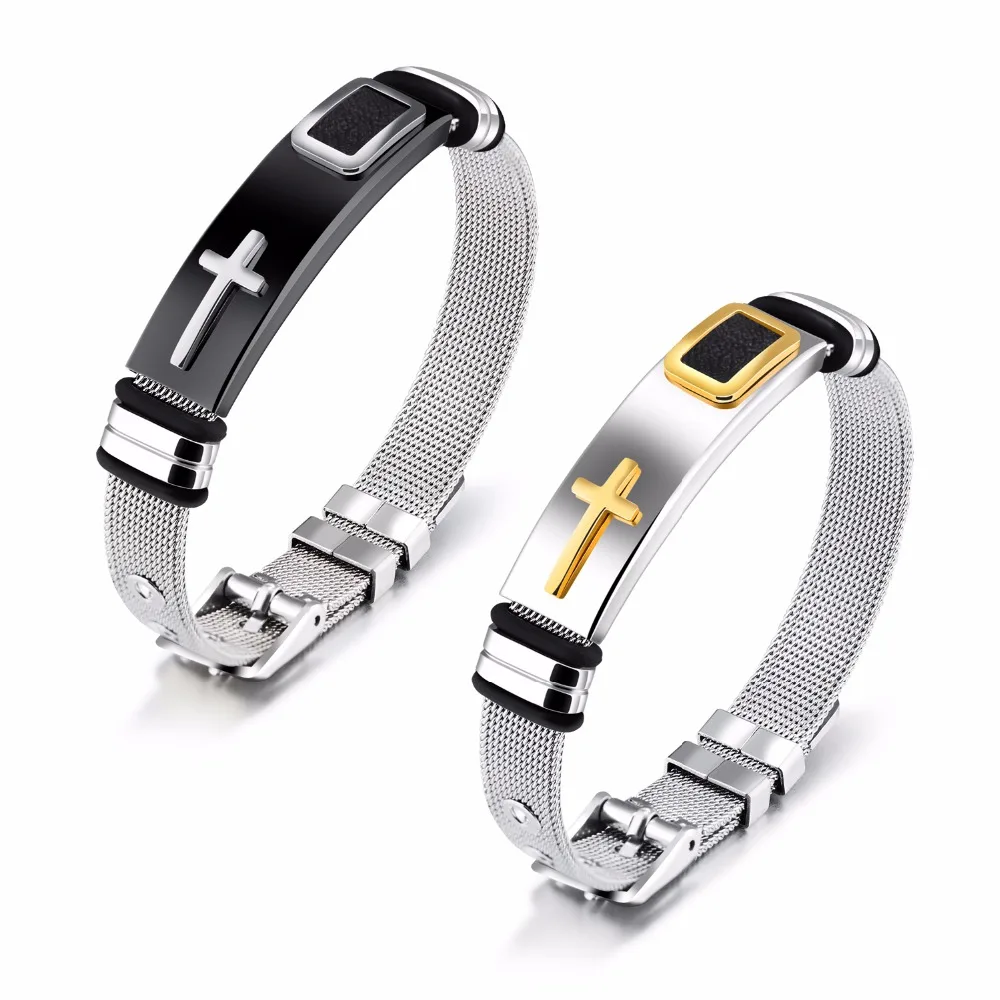 

Punk Cross Bangles Bracelet For Men Mesh Strap Band Stainless Steel Black/ Gold Color Male Bracelets Jewellery Gift