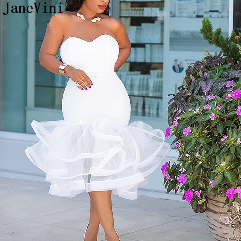 

JaneVini Sexy Beach Tea Length Wedding Dress Mariage 2019 Sweetheart Tiered Ruffles Backless Mermaid Plus Size Bridal Dresses