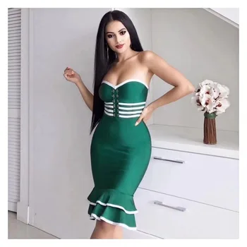 

Green and Black Color Ladies HL Bandage Dress Strapless Sexy Midi Bodycon Dress Club Night Dress