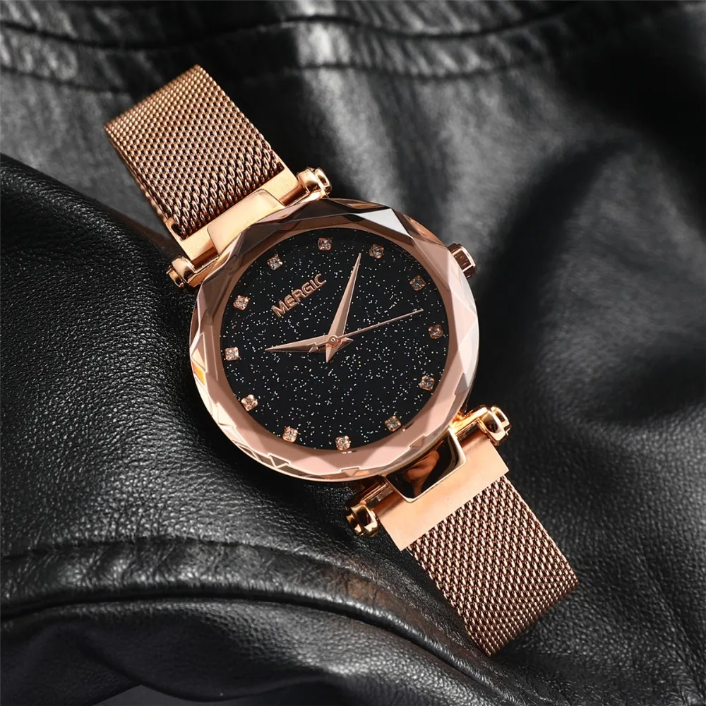 

Japan Quartz Starry Sky Dial Purple Blue Watch Elegant Ladies Women Mesh Magnet Stainless Steel Waterproof Creative Diamond