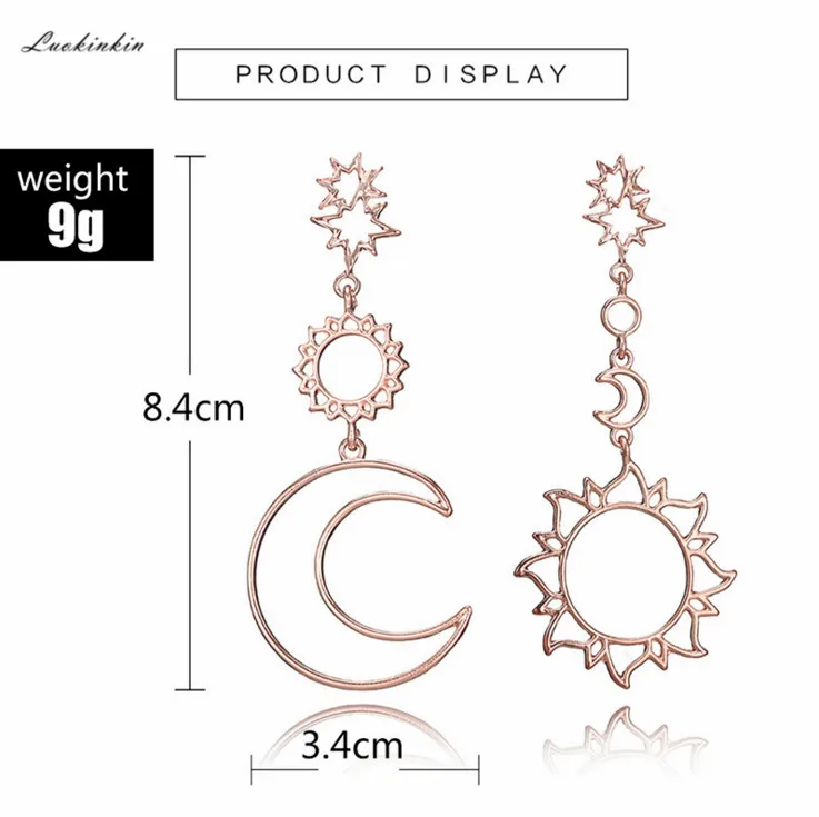

long rose gold sun&moon pendant star earrings jewelry vintage statement asymmetrical earrings for women accessories