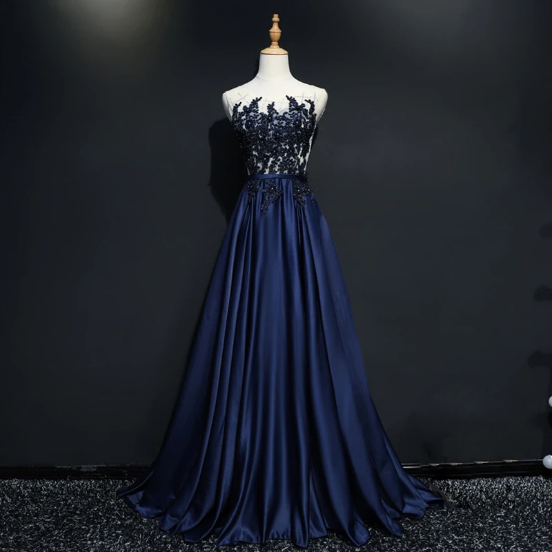 Халат De Soiree модные кружево бисер Сексуальная спинки Длинные вечерние платья банкет невесты элегантный темно синие вечерние Выходные туфли