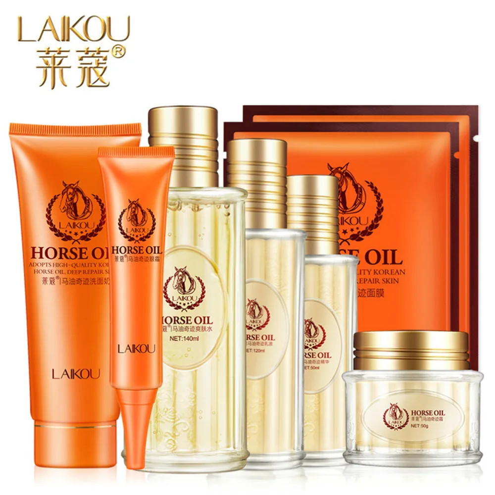 

7Pcs LAI KOU Horse Oil Miracle Cosmetics Skin Care 7-piece Suits Deep Care Hydra Glossy Reducing Wrinkles in Autumn and Winter