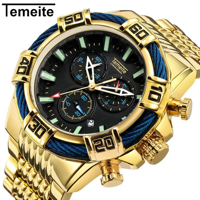 

Temeite Large Dial Quartz Wristwatches Gold Blue Mens Watches Top Brand Luxury Waterproof Fashion Multifunction Man Watch 2018
