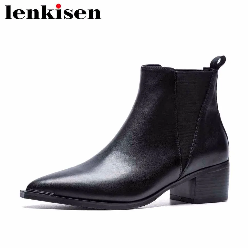 

Lenkisen square toe slip on streetwear british style pop retro design shoes autumn winter natural leather women ankle boots L00