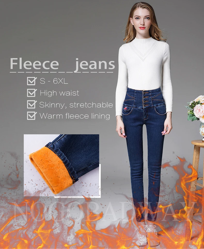 S 6XL теплые флисовые Стрейчевые обтягивающие джинсы с высокой талией женские черные синие джинсовые штаны на пуговицах женские зимние повседневные женские большие размеры Новинка