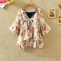 Women Floral Print Blouse Casual V-Neck Chiffon Blouses Lady Lantern Sleeve Ruffles Shirts irregular Blusas Tops Plus Size A1338 1