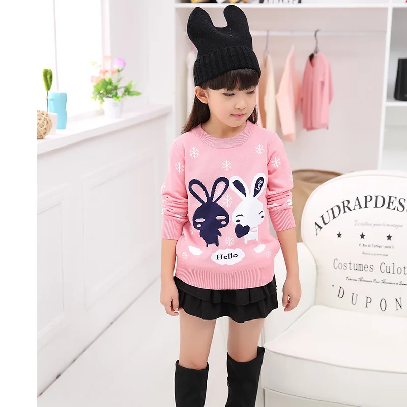 Новинка года; сезон весна-осень; Детские двойные свитера; толстый свитер с рисунком для девочек; корейский Свободный детский пуловер с маленьким кроликом