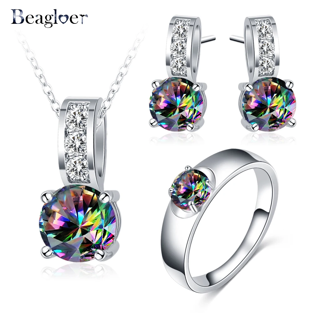 

Beagloer New Silver Color Jewelry Sets with Multicolor Cubic Zircon Earrings Pendant Ring For Women Fashion Wedding Jewelry Set