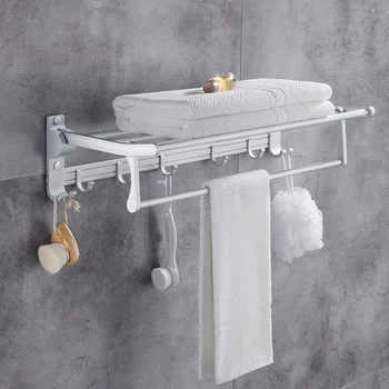 

Nail free Foldable Bath Towel Racks Active Bathroom Towel Holder Double Towel Shelf With Hooks Bathroom Accessories