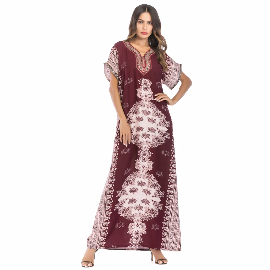 Новое роскошное мусульманское женское длинное платье макси с цветочным принтом цвета вина арабское платье осень Boho пляжная Повседневная