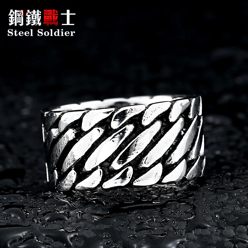 steel soldier personality Wide Chain Knitting Ring Exagerrated Stainless Steel men biker Special Jewelry