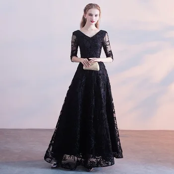 

Elegant Black V-neck Long Evening Dresses prom gowns Formal Party dress Half sleeve Lace up vestido de festa 2019