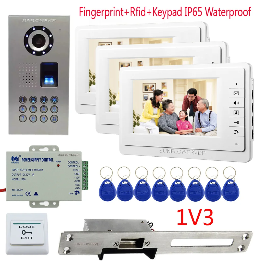 

1V3 Fingerprint Rfid Keypad Doorbell With Camera 7" Color Monitor Video Intercom + long Plate European Narrow-type Door Lock