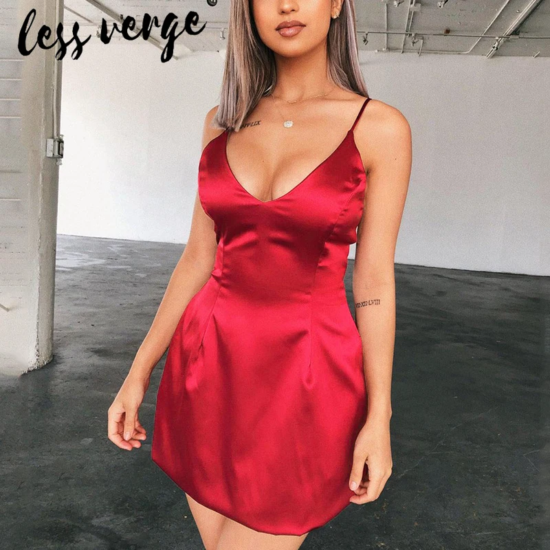 

Lessverge Short sexy red party satin dress Women elegant sleeveless v neck black dress Summer pink short bodycon dress vestidos