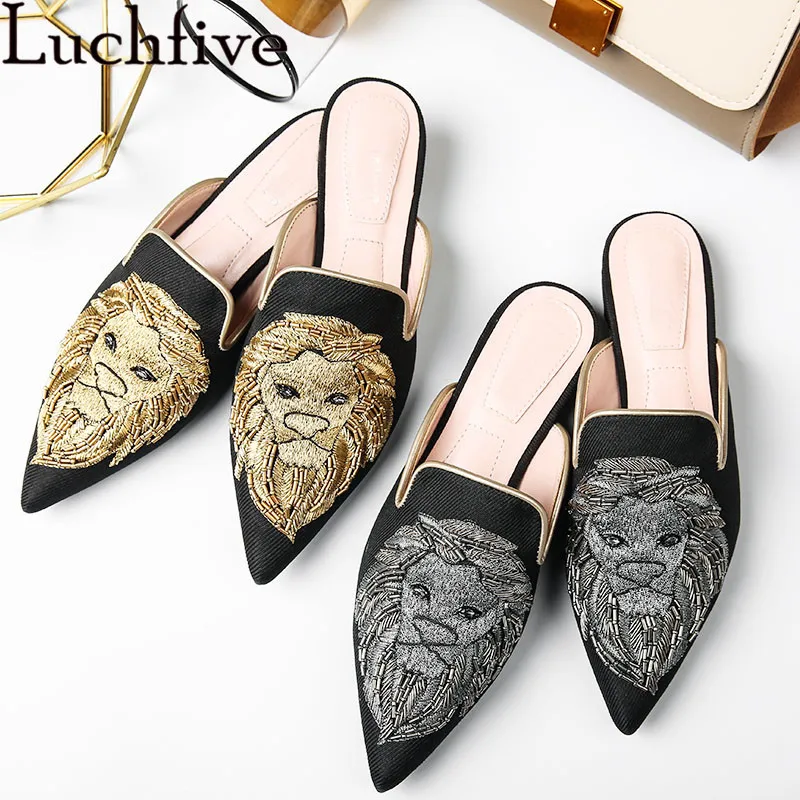 

Pointed Toe embroidery animal lion Flat Slippers Cozy flip flop Outdoor silver gold string bead Creppers mules beach Shoes Women